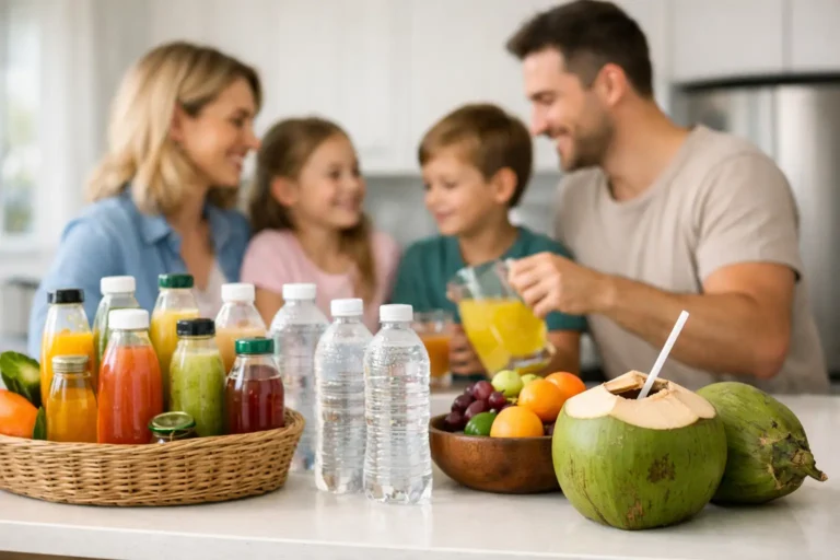 Case gezin met gezonde drankvoorraad thuis