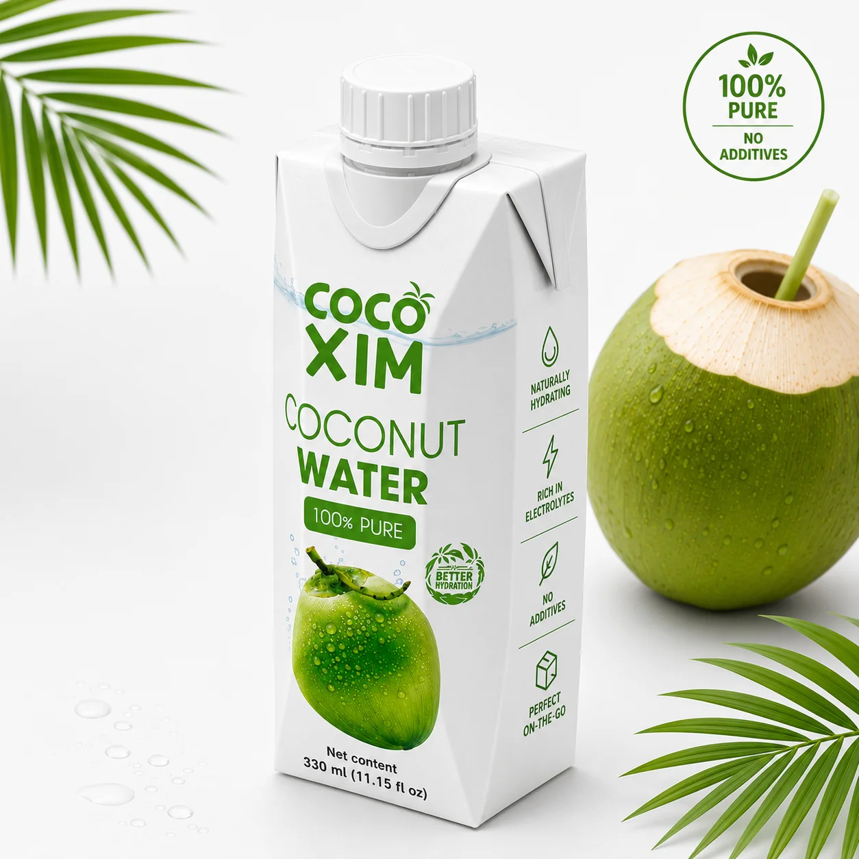 Cocoxim kokoswater 330 ml, zijaanzicht van de verpakking