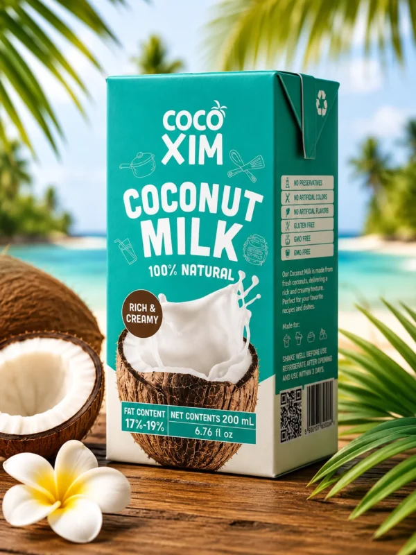 Cocoxim kokosmelk 200 ml pakje, handzame verpakking van FreshCoco