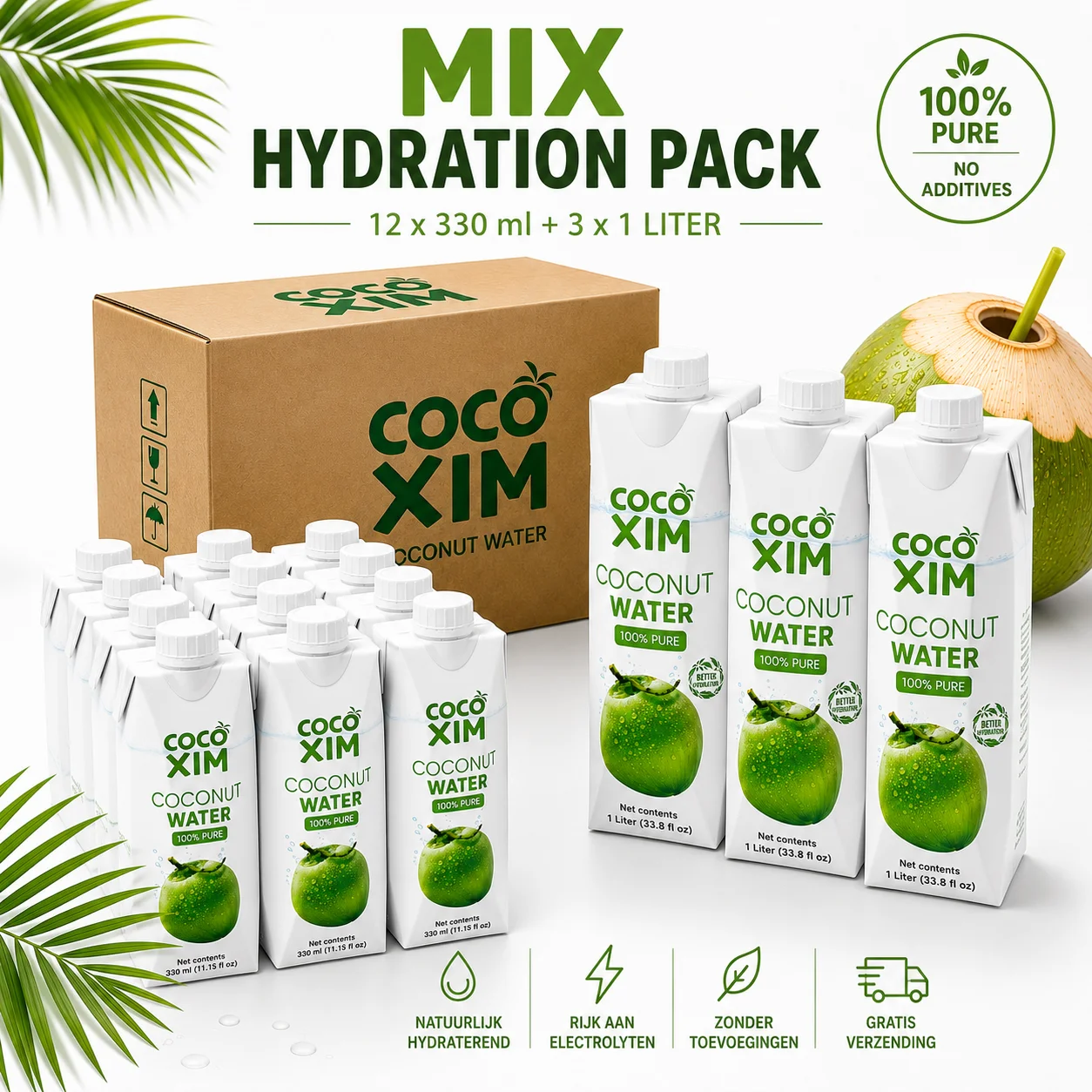 Mix Hydration Pack: 12x 330 ml en 3x 1 liter Cocoxim kokoswater van FreshCoco