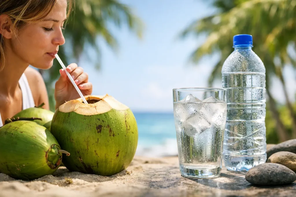 Kokoswater versus mineraalwater vergeleken